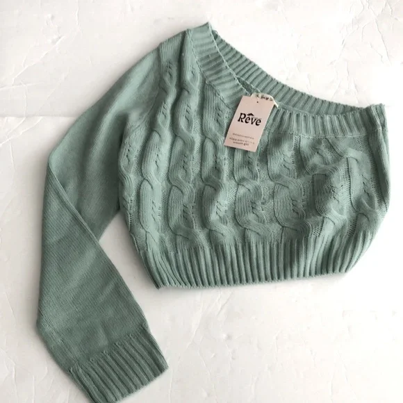 The Vintage Shop Reve Sweater One Shoulder Green Cable Knit SZ L NWT - Picture 1 of 7